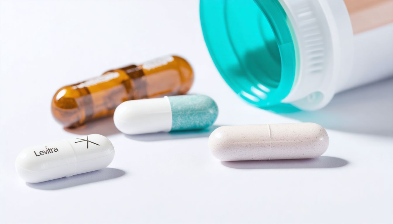 Blister pack of Levitra (vardenafil) tablets on a white background with a glass of water